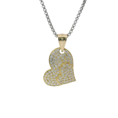 14KT Gold Charm Small Double White CZ Stone Heart with Small Heart Center and Plain Bell