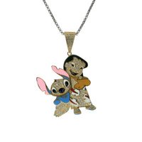 14KT Gold Charm Large Lilo and Stich Enamel with White CZ Stone Body and Bell