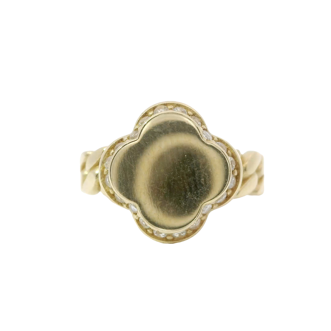 14KT Gold Ring Women's Engravable Clover Center with White CZ Stones Edge and Cuban Link Band