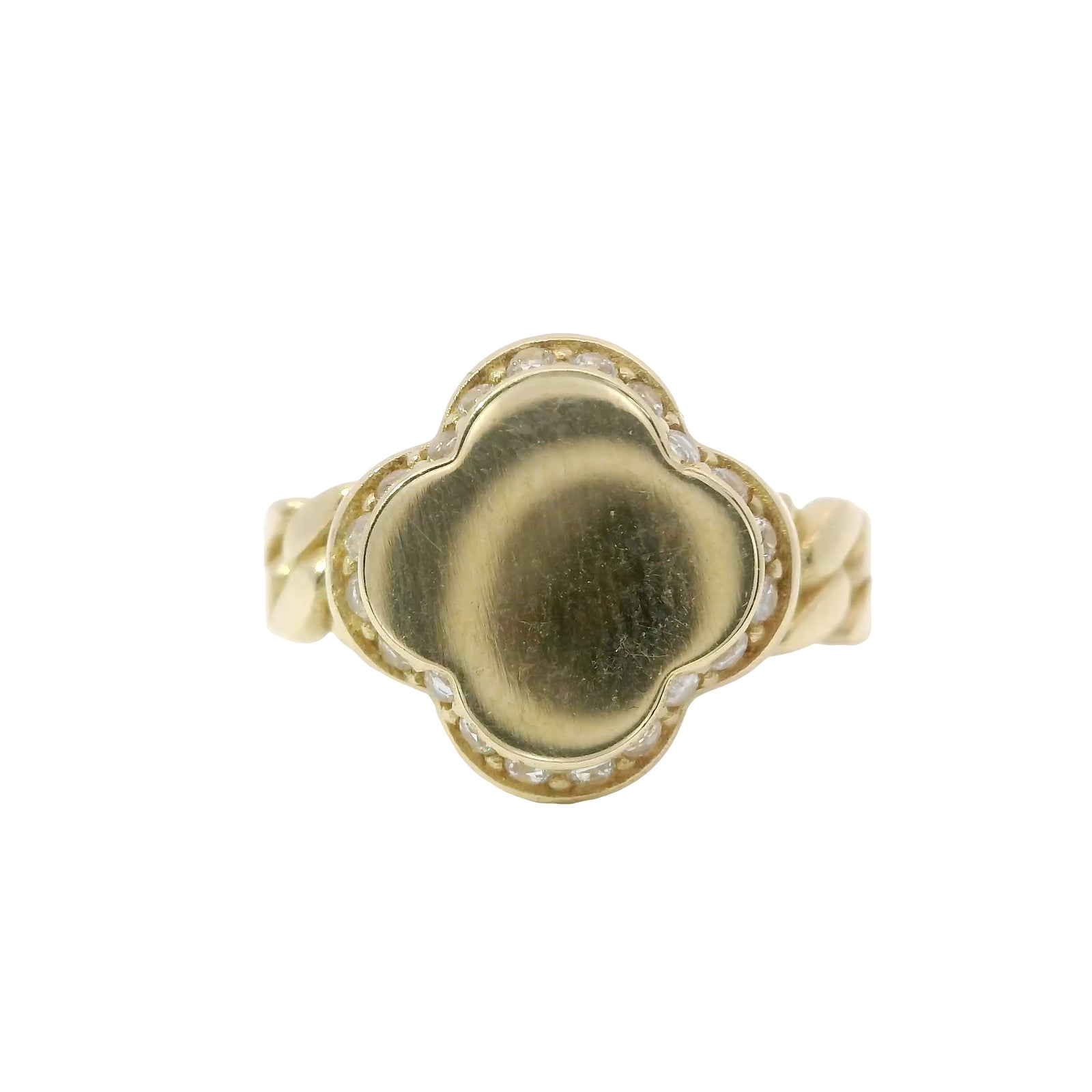 14KT Gold Ring Women's Engravable Clover Center with White CZ Stones Edge and Cuban Link Band