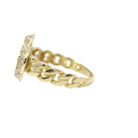 14KT Gold Ring Women's Engravable Clover Center with White CZ Stones Edge and Cuban Link Band