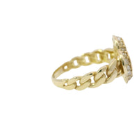 14KT Gold Ring Women's Engravable Clover Center with White CZ Stones Edge and Cuban Link Band
