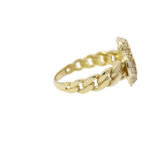 14KT Gold Ring Women's Engravable Clover Center with White CZ Stones Edge and Cuban Link Band