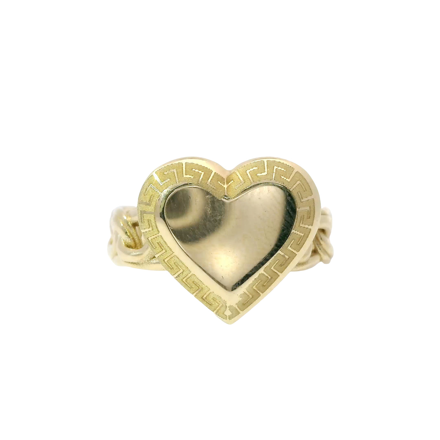 14KT Gold Ring Women's Engravable Heart with Greek Border and Chino Link Band