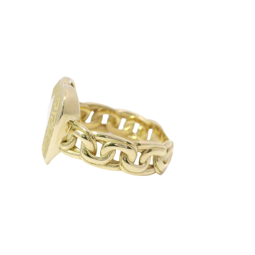 14KT Gold Ring Women's Engravable Heart with Greek Border and Chino Link Band