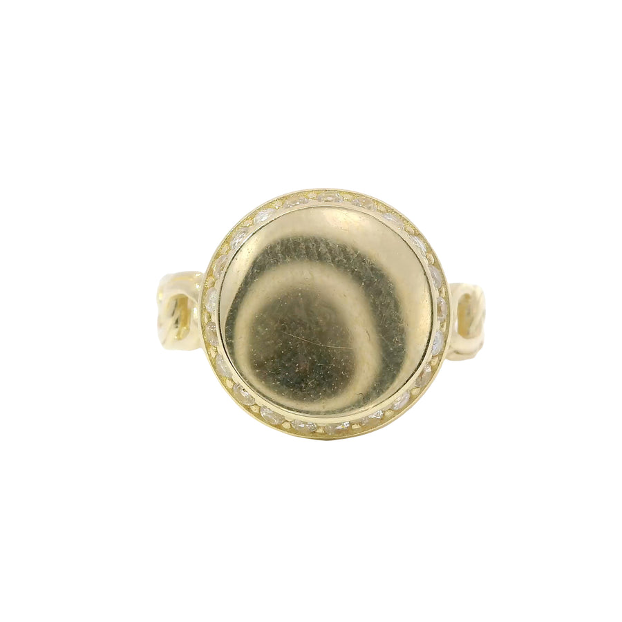 14KT Gold Ring Women's Engravable Round Center with White CZ Stones Edge and Chino Link Band
