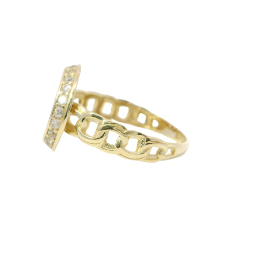 14KT Gold Ring Women's Engravable Round Center with White CZ Stones Edge and Chino Link Band