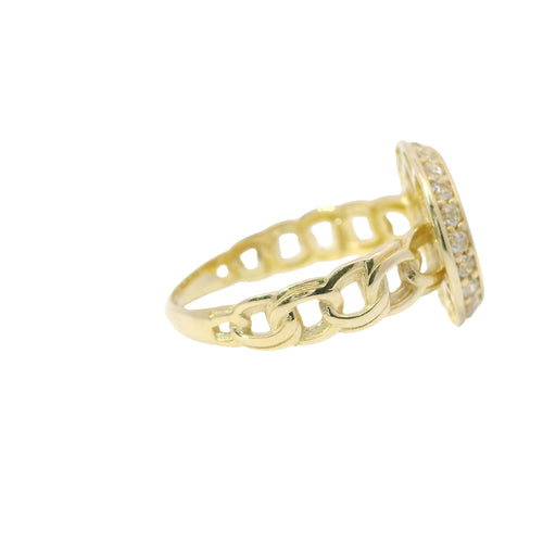 14KT Gold Ring Women's Engravable Round Center with White CZ Stones Edge and Chino Link Band