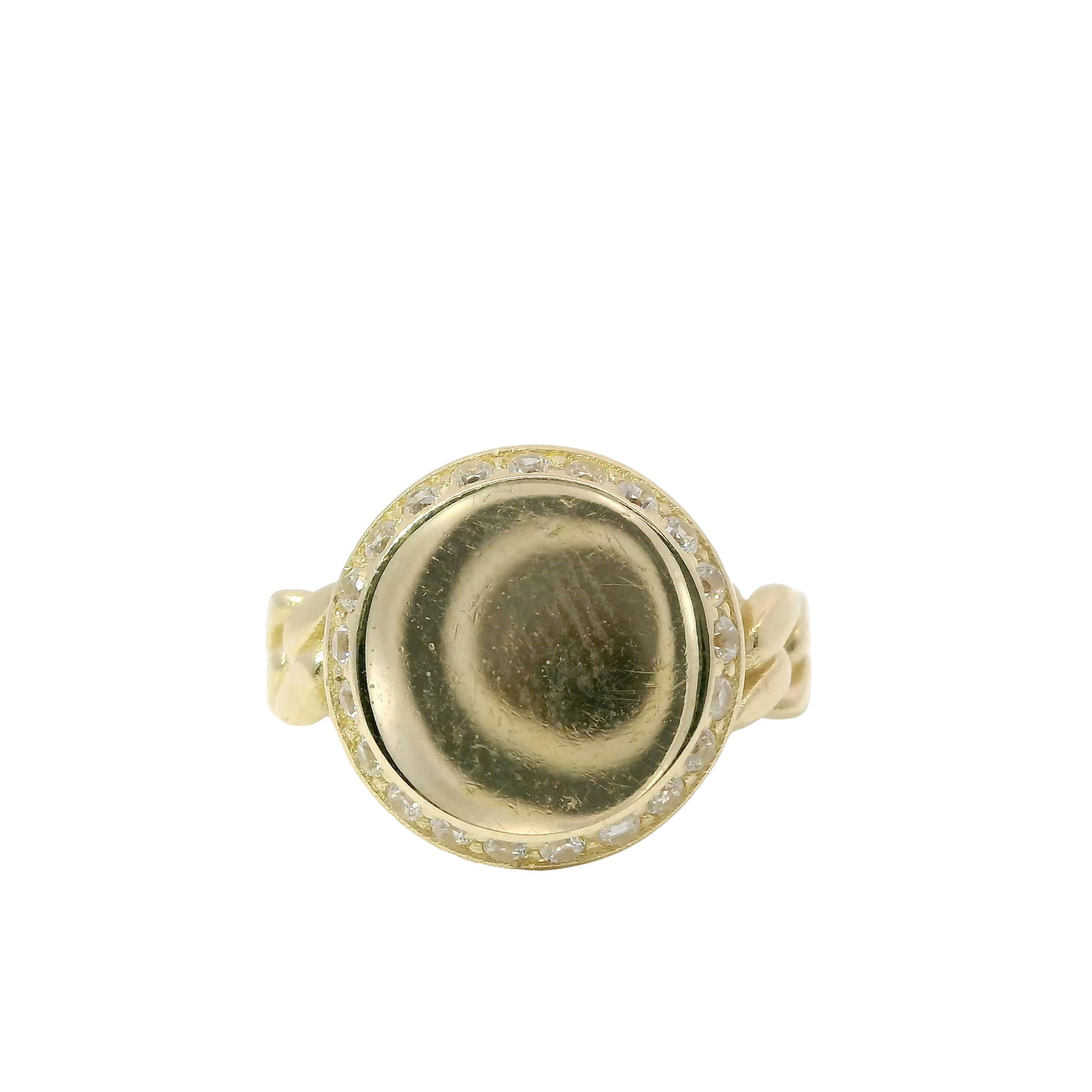 14KT Gold Ring Women's Engravable Round with White CZ Stones Border and Cuban Link Band