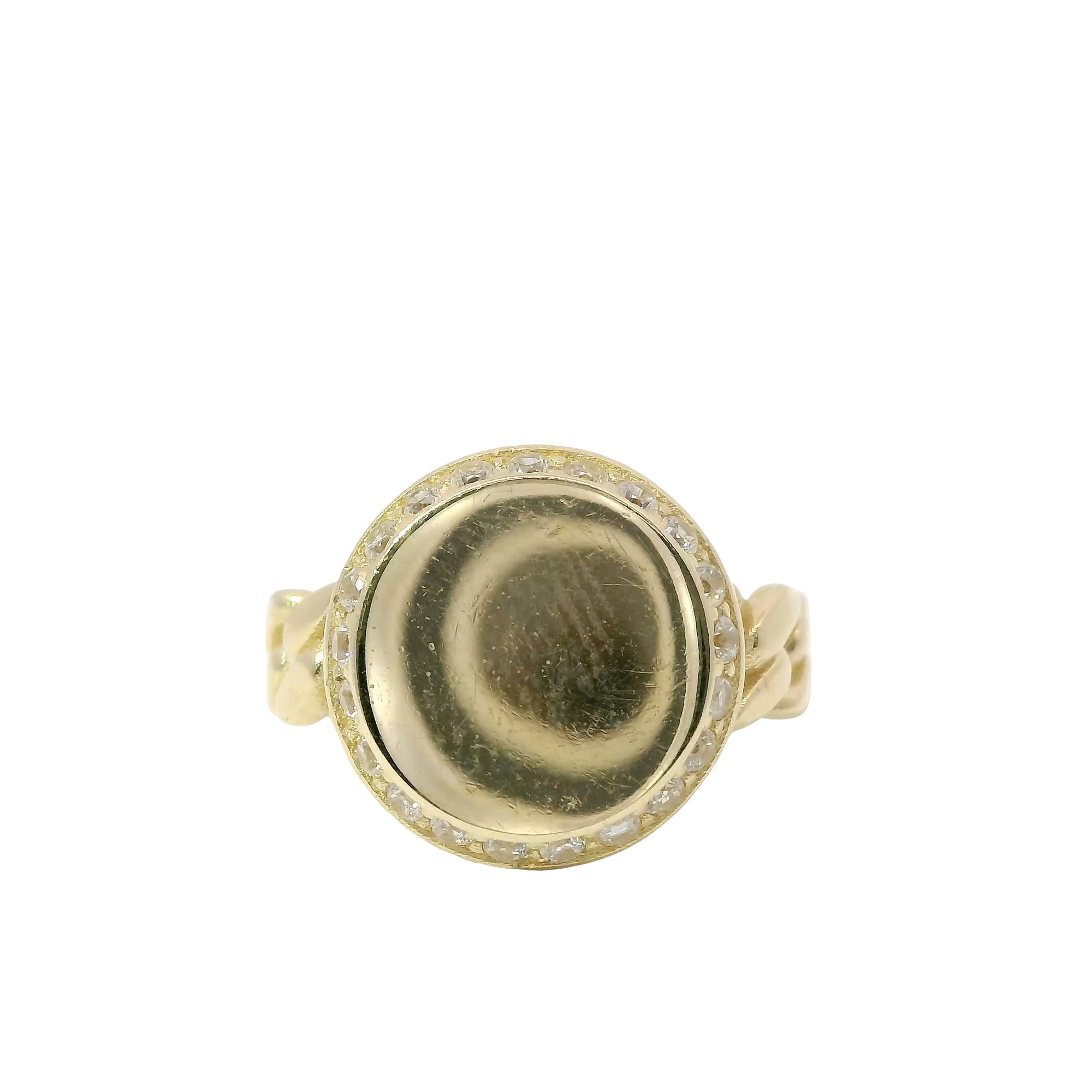 14KT Gold Ring Women's Engravable Round with White CZ Stones Border and Cuban Link Band