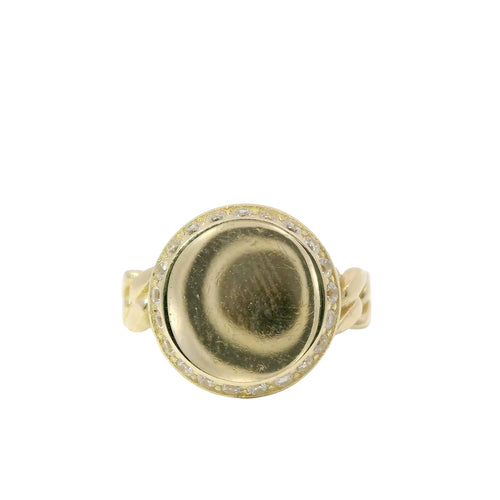 14KT Gold Ring Women's Engravable Round with White CZ Stones Border and Cuban Link Band