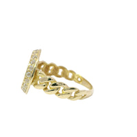 14KT Gold Ring Women's Engravable Round with White CZ Stones Border and Cuban Link Band
