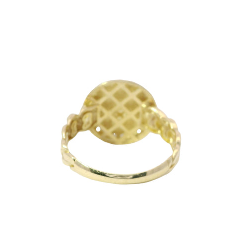 14KT Gold Ring Women's Engravable Round with White CZ Stones Border and Cuban Link Band