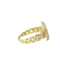 14KT Gold Ring Women's Engravable Round with White CZ Stones Border and Cuban Link Band