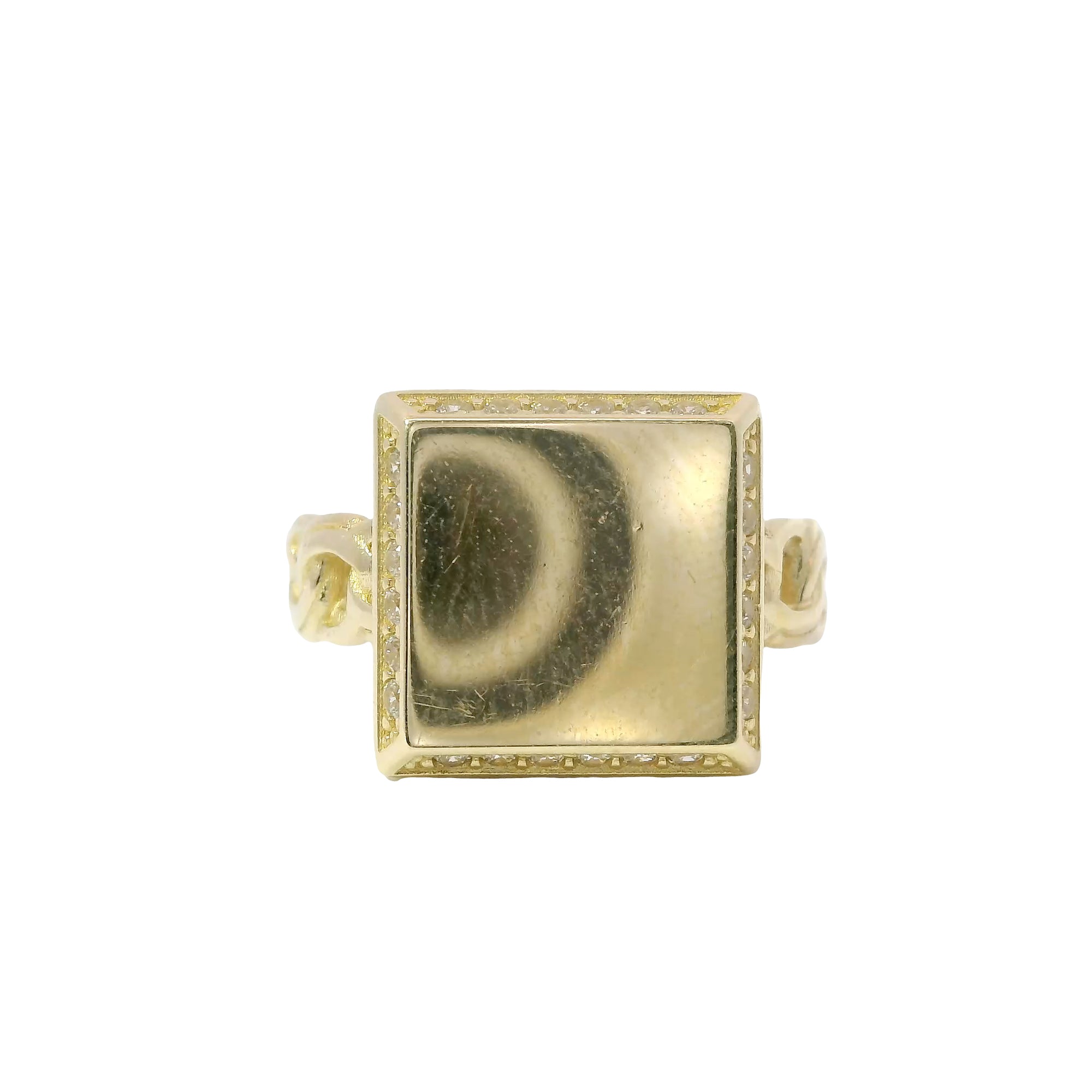14KT Gold Ring Women's Engravable Square Center with White CZ Stones Edge and Chino Link Band