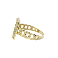 14KT Gold Ring Women's Engravable Square Center with White CZ Stones Edge and Chino Link Band