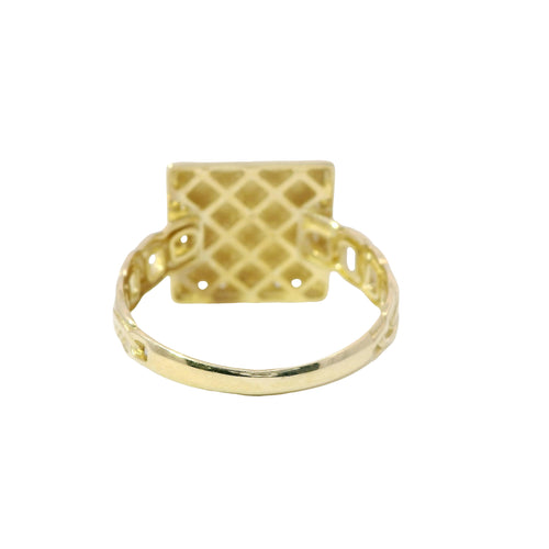 14KT Gold Ring Women's Engravable Square Center with White CZ Stones Edge and Chino Link Band