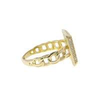 14KT Gold Ring Women's Engravable Square Center with White CZ Stones Edge and Chino Link Band