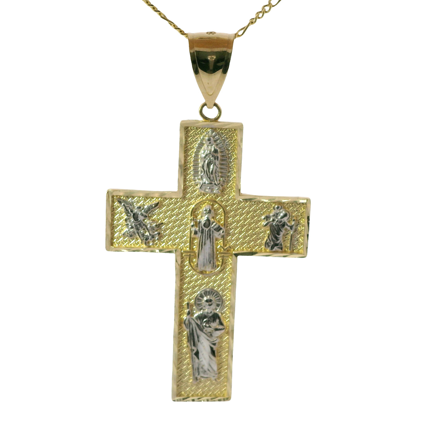 14KT Gold Charm Extra Large Two Tone Catholic Saints Cross with Virgin Mary, St Michael, St Charbel, St Christopher, and St Jude Center and Plain Bell
