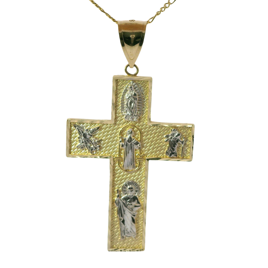 14KT Gold Charm Extra Large Two Tone Catholic Saints Cross with Virgin Mary, St Michael, St Charbel, St Christopher, and St Jude Center and Plain Bell