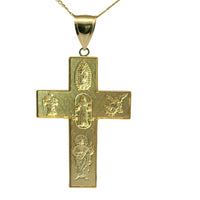 14KT Gold Charm Extra Large Two Tone Catholic Saints Cross with Virgin Mary, St Michael, St Charbel, St Christopher, and St Jude Center and Plain Bell