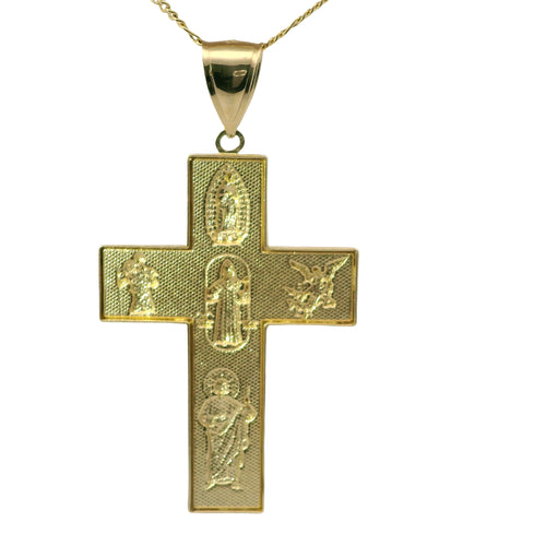 14KT Gold Charm Extra Large Two Tone Catholic Saints Cross with Virgin Mary, St Michael, St Charbel, St Christopher, and St Jude Center and Plain Bell