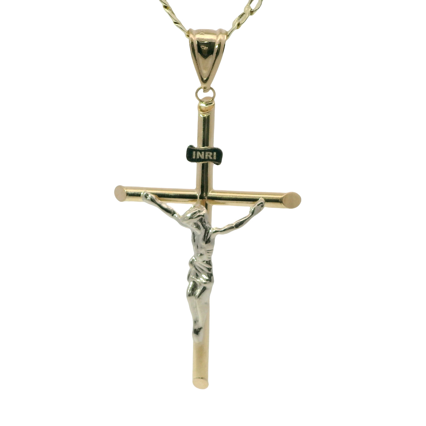 14KT Gold Charm Extra Large Two Tone Hollow Tube Slant Ends Crucifix Cross with Plain Bell