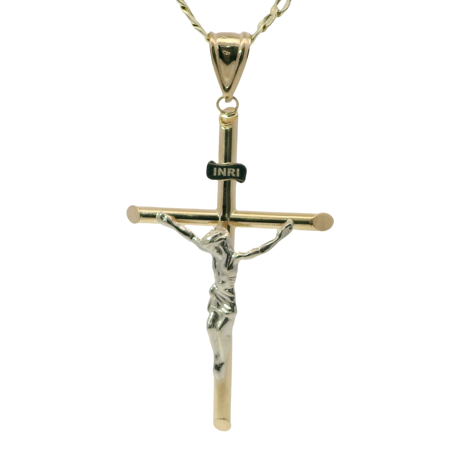 14KT Gold Charm Extra Large Two Tone Hollow Tube Slant Ends Crucifix Cross with Plain Bell