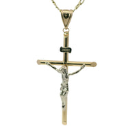 14KT Gold Charm Extra Large Two Tone Hollow Tube Slant Ends Crucifix Cross with Plain Bell