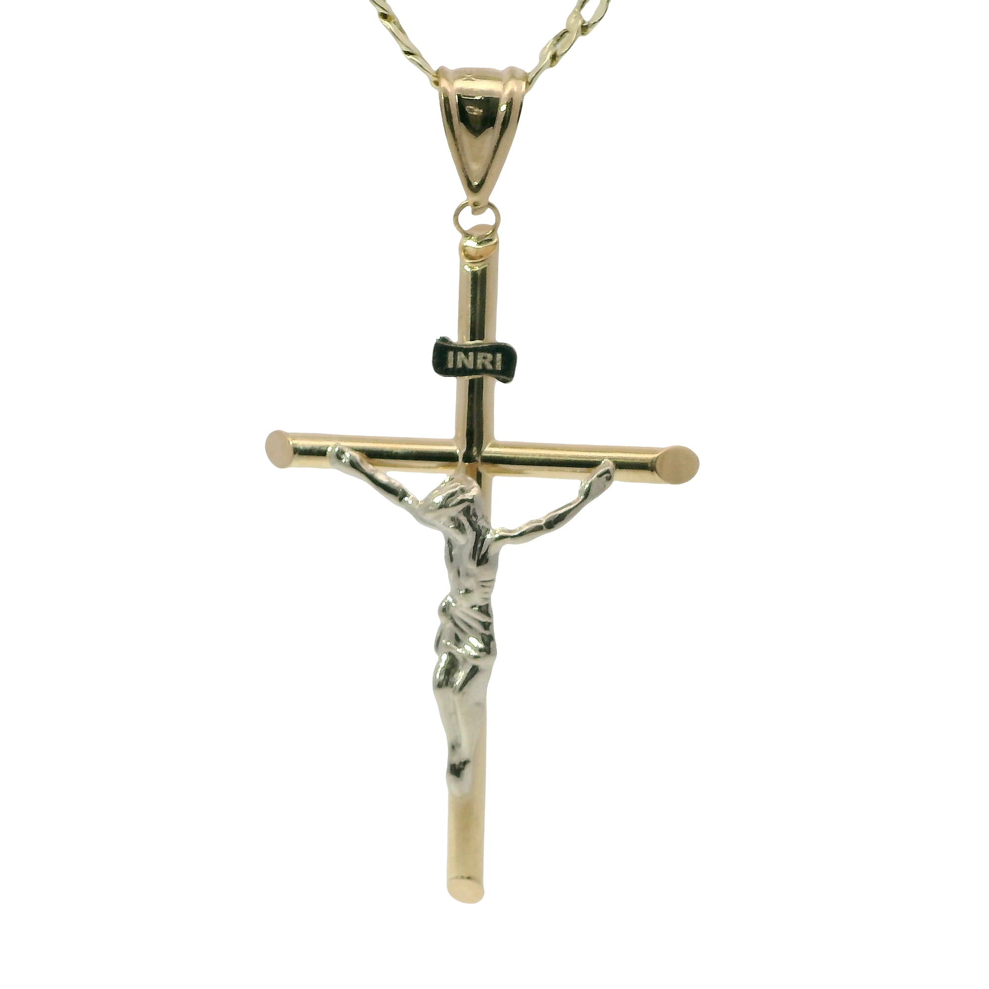 14KT Gold Charm Extra Large Two Tone Hollow Tube Slant Ends Crucifix Cross with Plain Bell