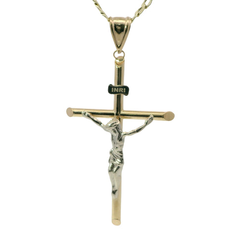 14KT Gold Charm Extra Large Two Tone Hollow Tube Slant Ends Crucifix Cross with Plain Bell