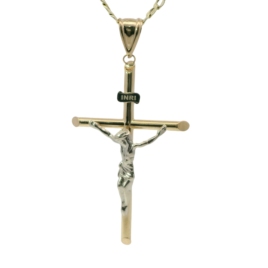 14KT Gold Charm Extra Large Two Tone Hollow Tube Slant Ends Crucifix Cross with Plain Bell