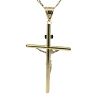 14KT Gold Charm Extra Large Two Tone Hollow Tube Slant Ends Crucifix Cross with Plain Bell