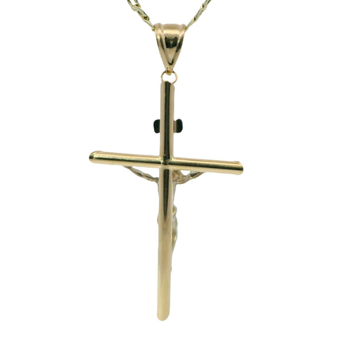 14KT Gold Charm Extra Large Two Tone Hollow Tube Slant Ends Crucifix Cross with Plain Bell