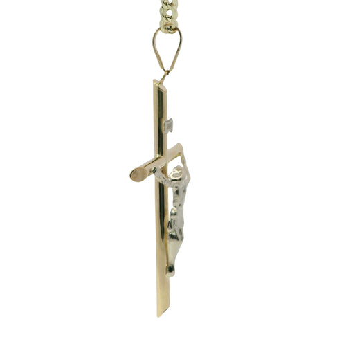 14KT Gold Charm Extra Large Two Tone Hollow Tube Slant Ends Crucifix Cross with Plain Bell