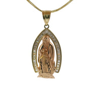 14KT Gold Charm Extra Large Two Tone Virgin Mary with White CZ Baguette Stone Pointed Arch Border and Plain Bell