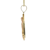 14KT Gold Charm Extra Large Two Tone Virgin Mary with White CZ Baguette Stone Pointed Arch Border and Plain Bell