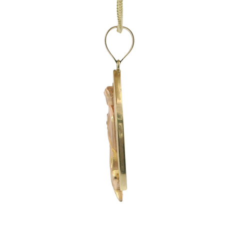 14KT Gold Charm Extra Large Two Tone Virgin Mary with White CZ Baguette Stone Pointed Arch Border and Plain Bell