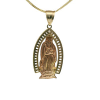 14KT Gold Charm Extra Large Two Tone Virgin Mary with White CZ Baguette Stone Pointed Arch Border and Plain Bell
