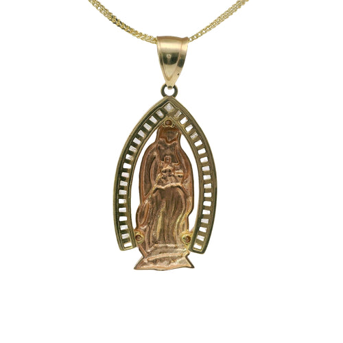14KT Gold Charm Extra Large Two Tone Virgin Mary with White CZ Baguette Stone Pointed Arch Border and Plain Bell