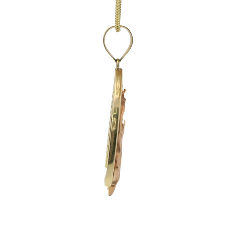 14KT Gold Charm Extra Large Two Tone Virgin Mary with White CZ Baguette Stone Pointed Arch Border and Plain Bell