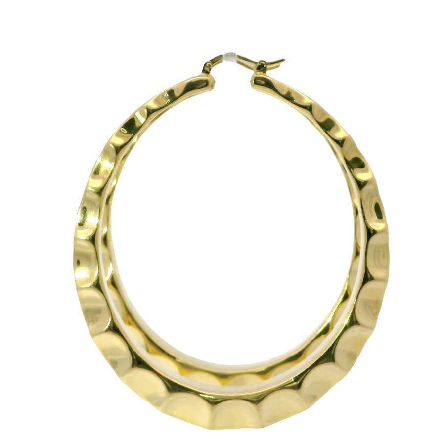 14KT Gold Earrings Crimped Oval Hoops 2.5 Inch Hollow Tube 7mm