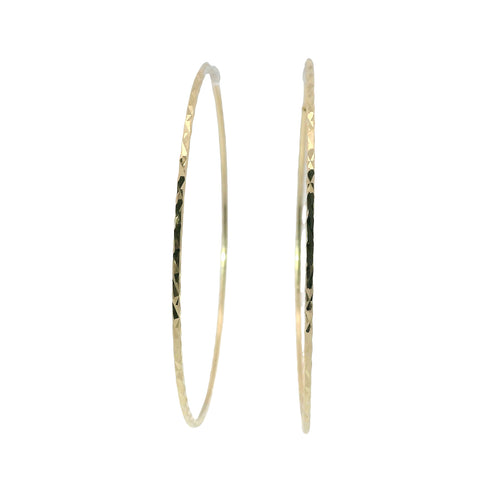 14KT Gold Earrings Flat Diamond Cut Hoops 2.5 Inch 1mm