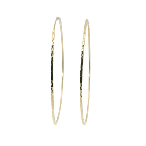 14KT Gold Earrings Flat Diamond Cut Hoops 2.5 Inch 1mm