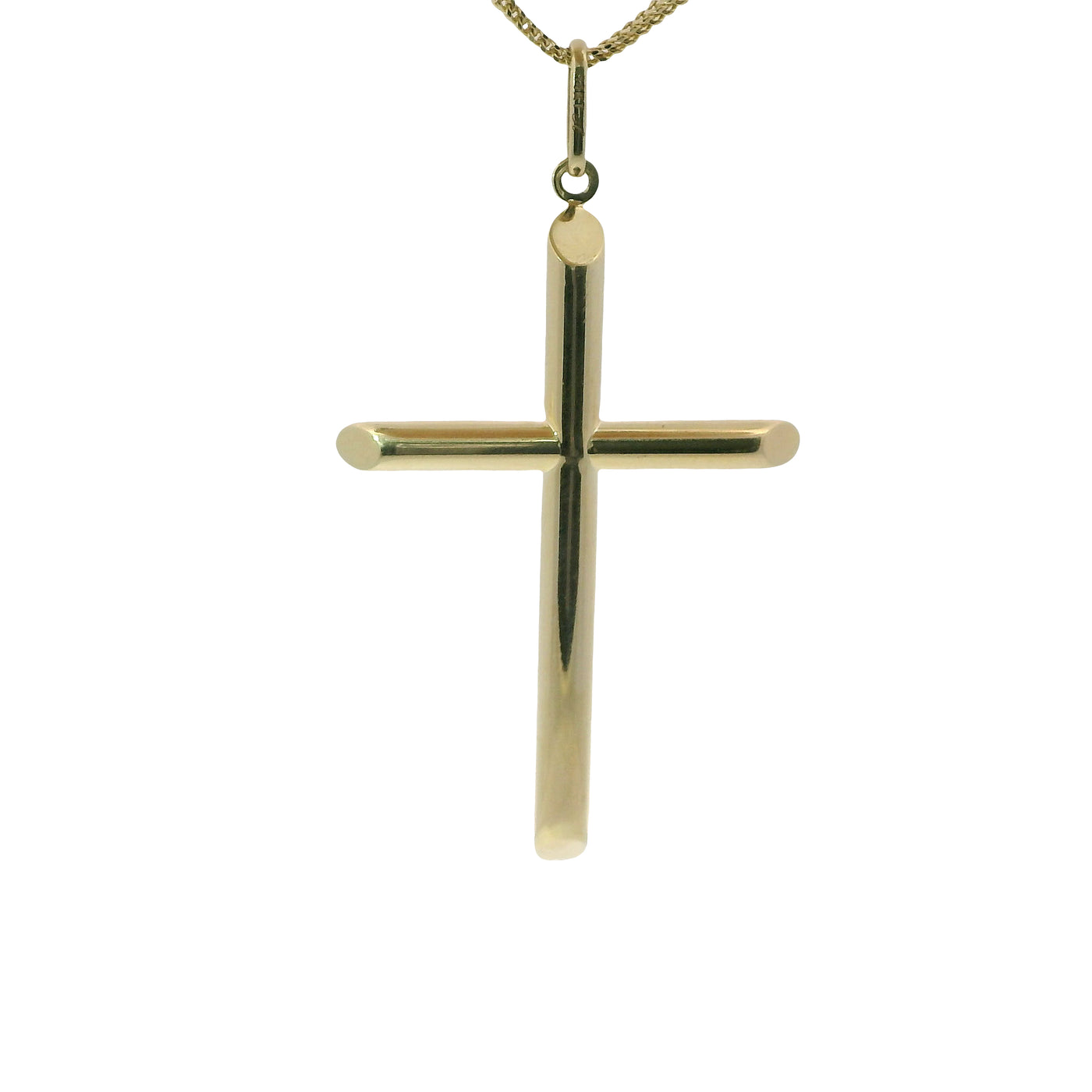 14KT Gold Charm Extra Large Plain Hollow Tube Slant Ends Cross with Plain Oval Bell