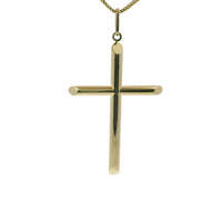 14KT Gold Charm Extra Large Plain Hollow Tube Slant Ends Cross with Plain Oval Bell