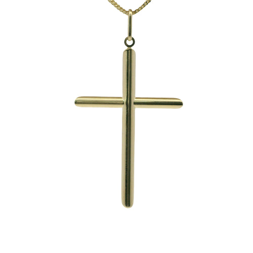 14KT Gold Charm Extra Large Plain Hollow Tube Slant Ends Cross with Plain Oval Bell