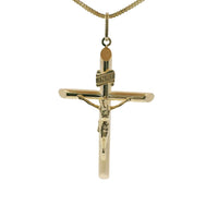14KT Gold Charm Extra Large Plain Hollow Tube Slant Ends Crucifix Cross with Plain Oval Bell