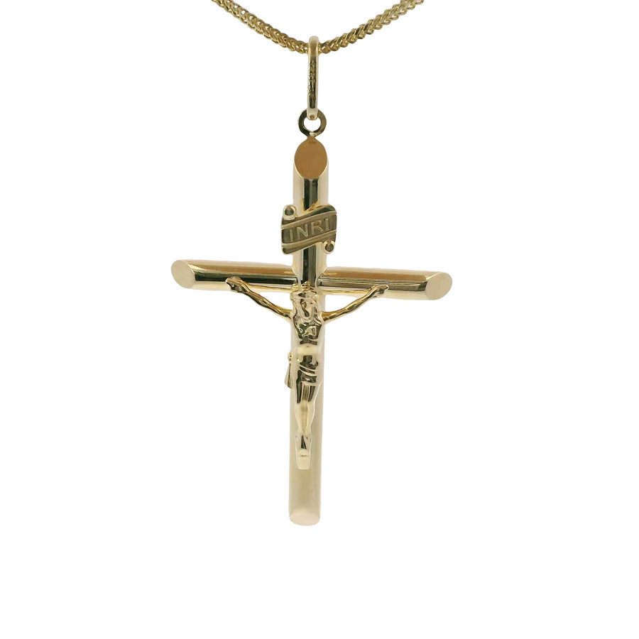 14KT Gold Charm Extra Large Plain Hollow Tube Slant Ends Crucifix Cross with Plain Oval Bell