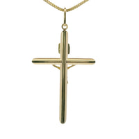 14KT Gold Charm Extra Large Plain Hollow Tube Slant Ends Crucifix Cross with Plain Oval Bell